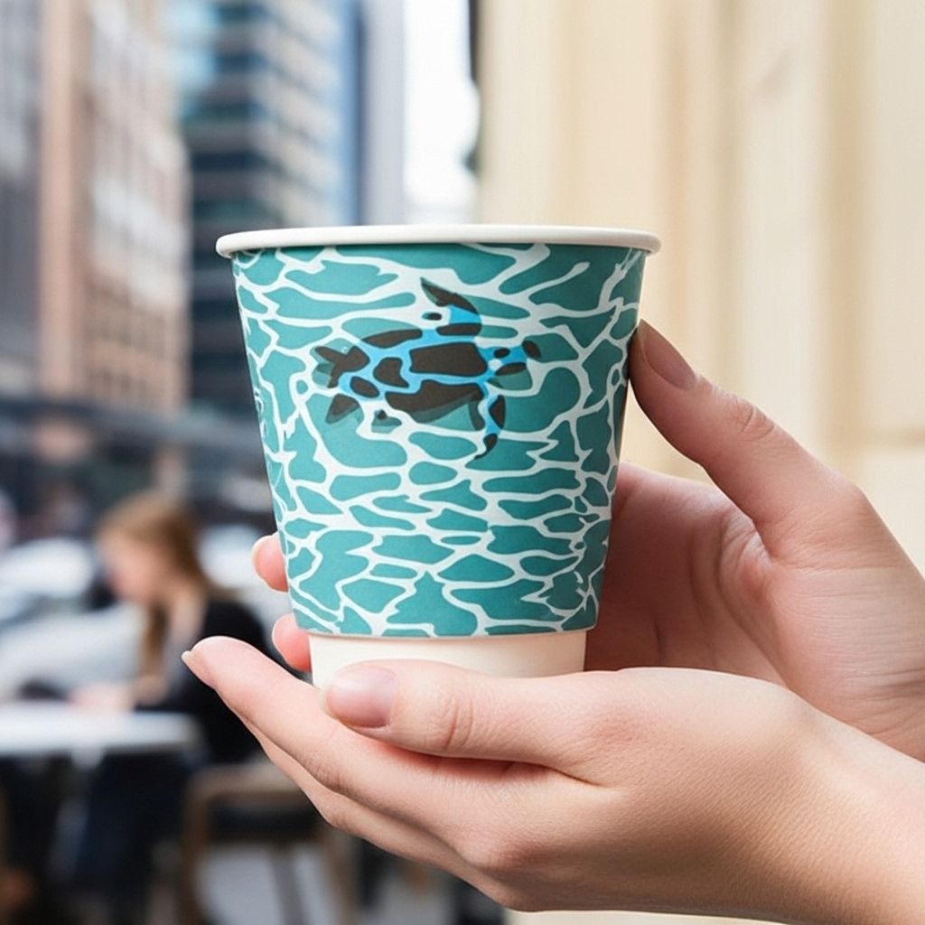 White coffee cup with black rippling wave pattern held in hands