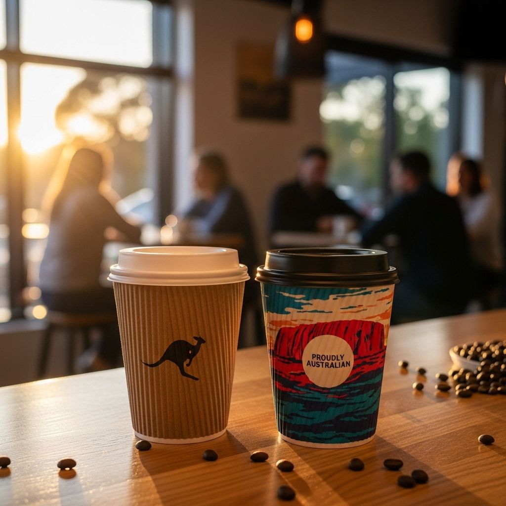 Two custom coffee cups on wooden table - one with kangaroo logo and one with "Proudly Australian" design, coffee beans scattered around