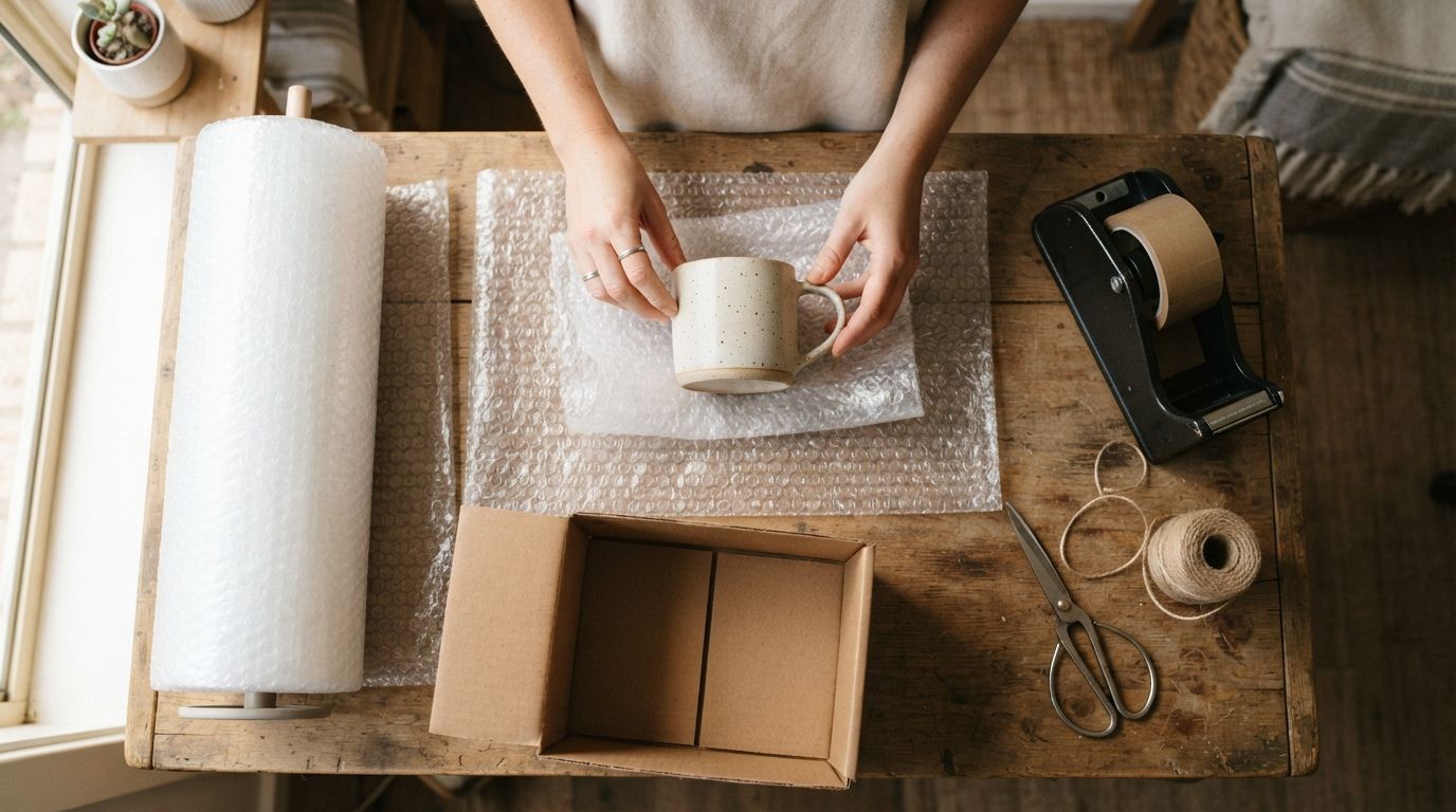 Fragile item wrapped in clear bubble wrap on a dispatch bench with a roll of bubble wrap and a shipping box
