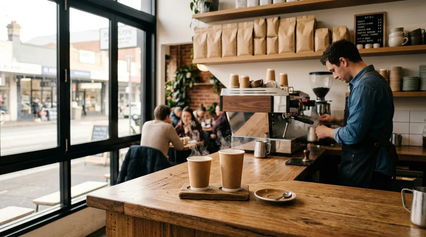 A barista in a blue shirt prepares coffee at a wooden counter in a bustling coffee shop interior.