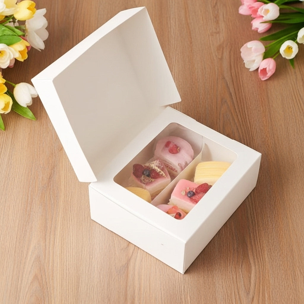 White bakery box with clear window containing colorful fruit-topped desserts on wooden table with spring tulips