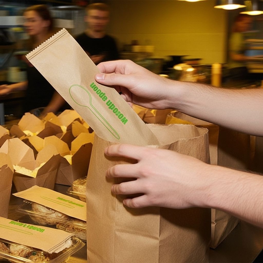 Hand placing compostable wooden spoon package into paper takeout bag at restaurant counter