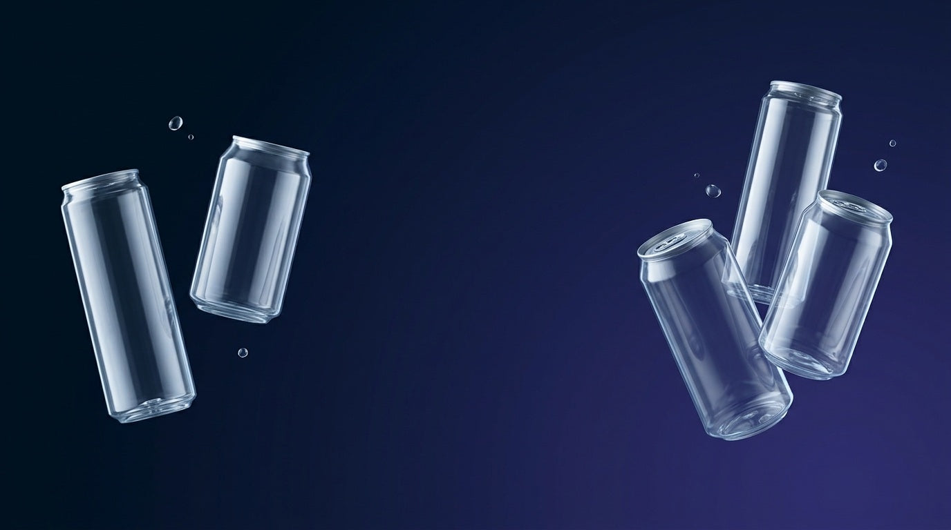 Several clear cans floating in mid-air against a dark blue background with water droplets around them.