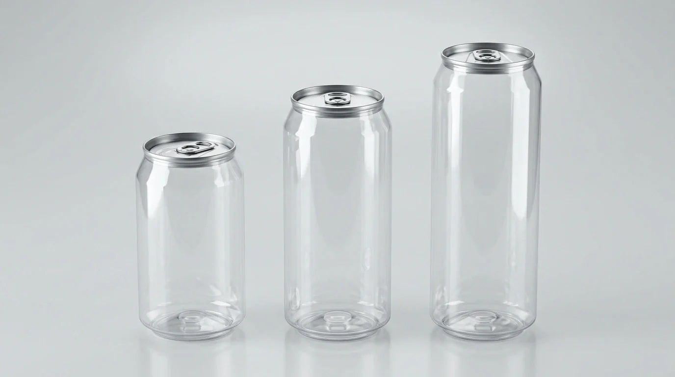 Three clear plastic cans with silver metal lids of varying sizes on a light grey background