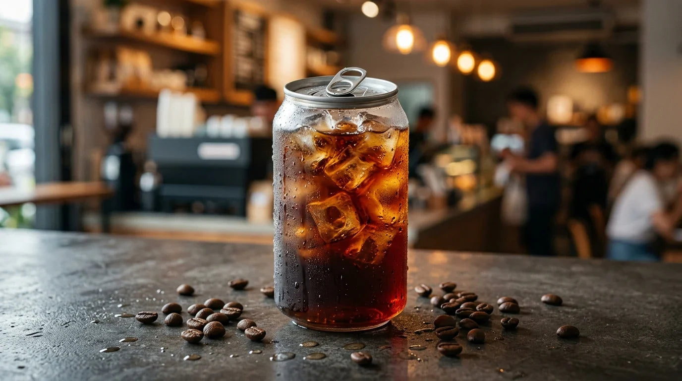 A cold coffee drink in a can with ice and coffee beans on a table in a cafe