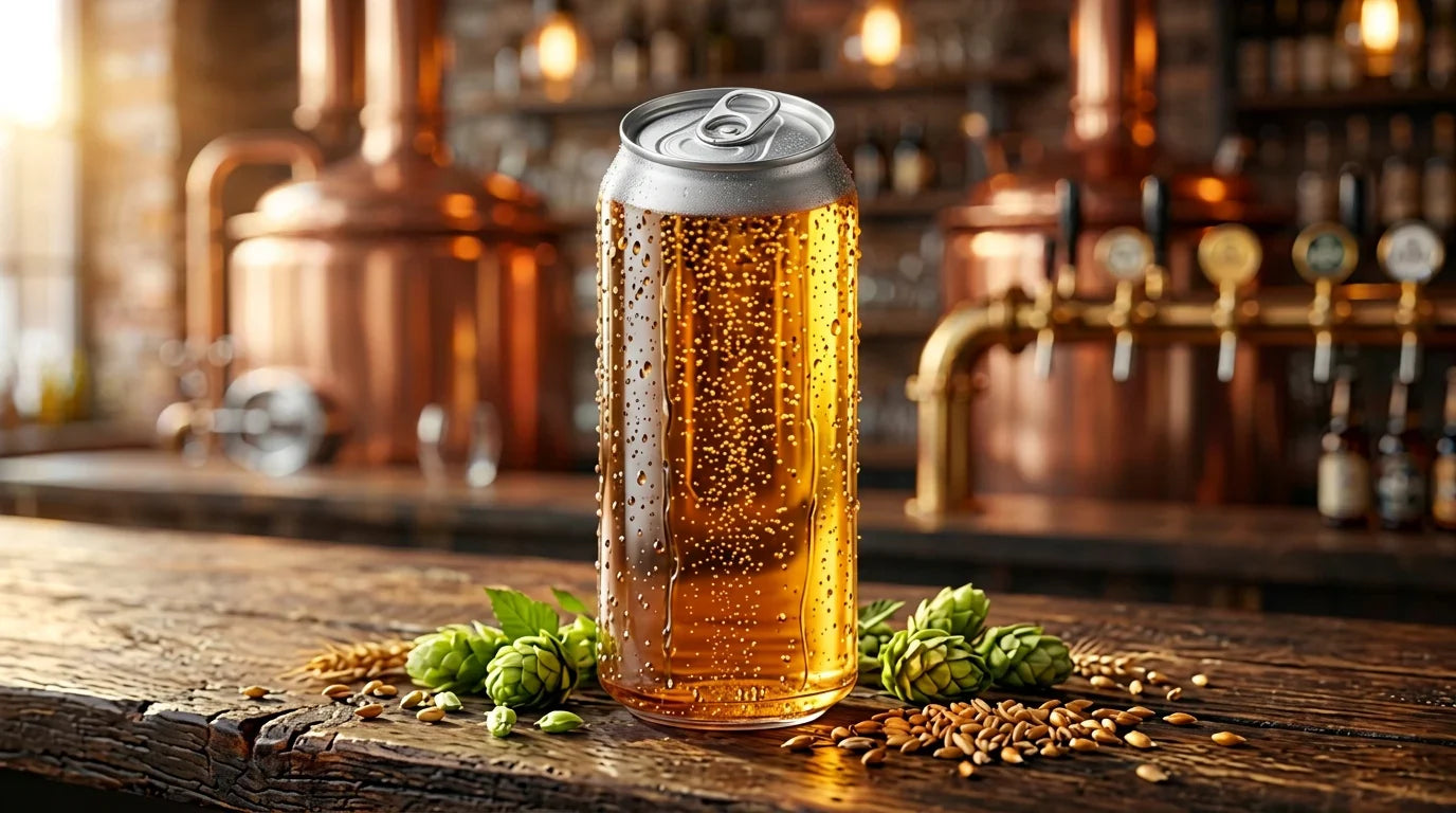 A cold beer in a can with hops and grains on a wooden bar in a brewery
