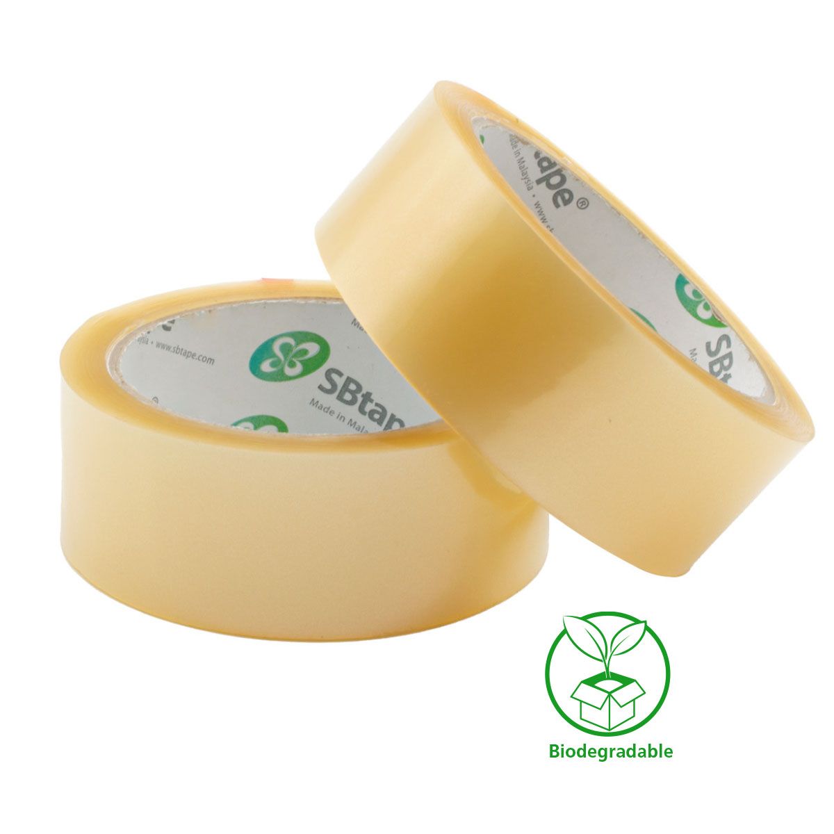 Two rolls of yellow tape with SB Tape branding on a white background, featuring a biodegradable logo.