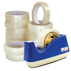 Clear tape rolls with a blue tape dispenser on a white background
