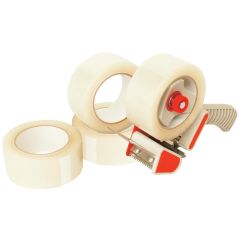 Two rolls of tape and a tape dispenser on a white background