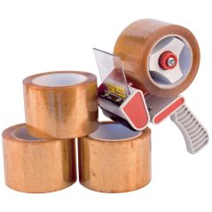 Three rolls of clear tape and a tape dispenser on a white background
