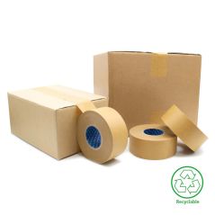 Cardboard boxes and rolls of tape with a green recycling logo on a white background