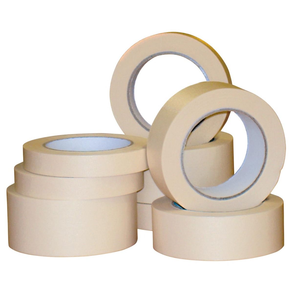 Five rolls of beige masking tape on a white background