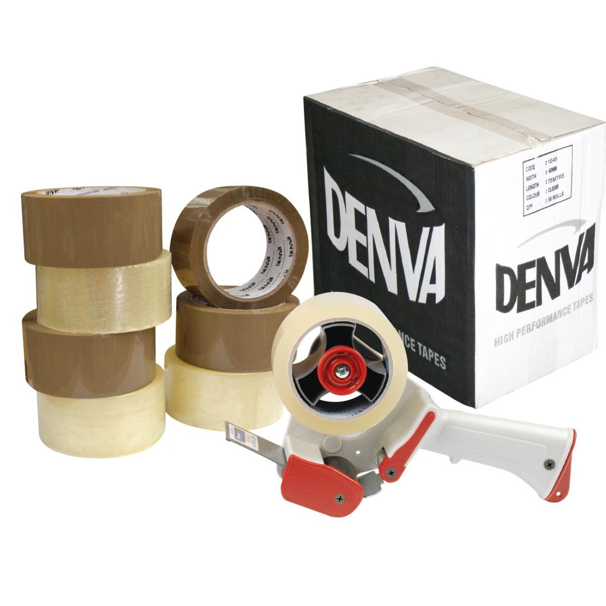 Dena tape rolls and dispenser with packaging on a white background