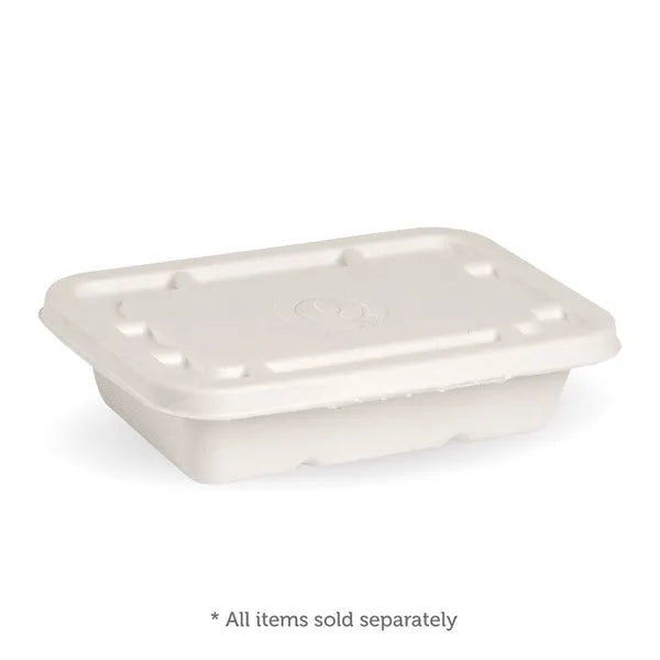 A premium Pakio white compostable sugarcane food container with a secure matching lid, designed for eco-friendly takeaway and catering services.