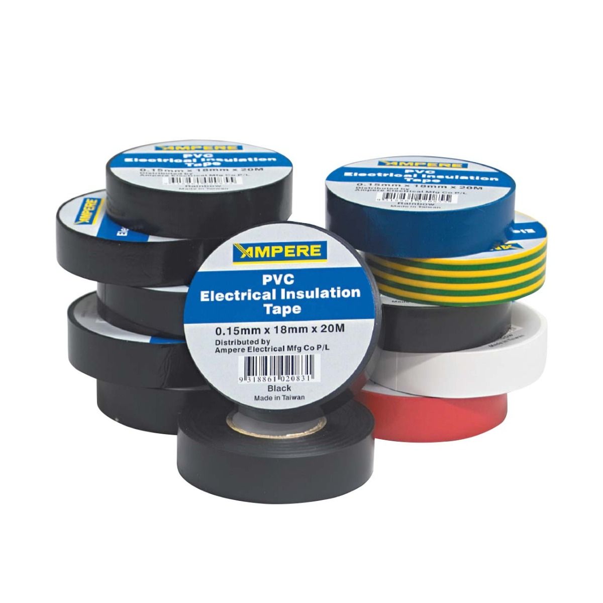 Collection of Ampere PVC electrical insulation tapes in various colors on a white background