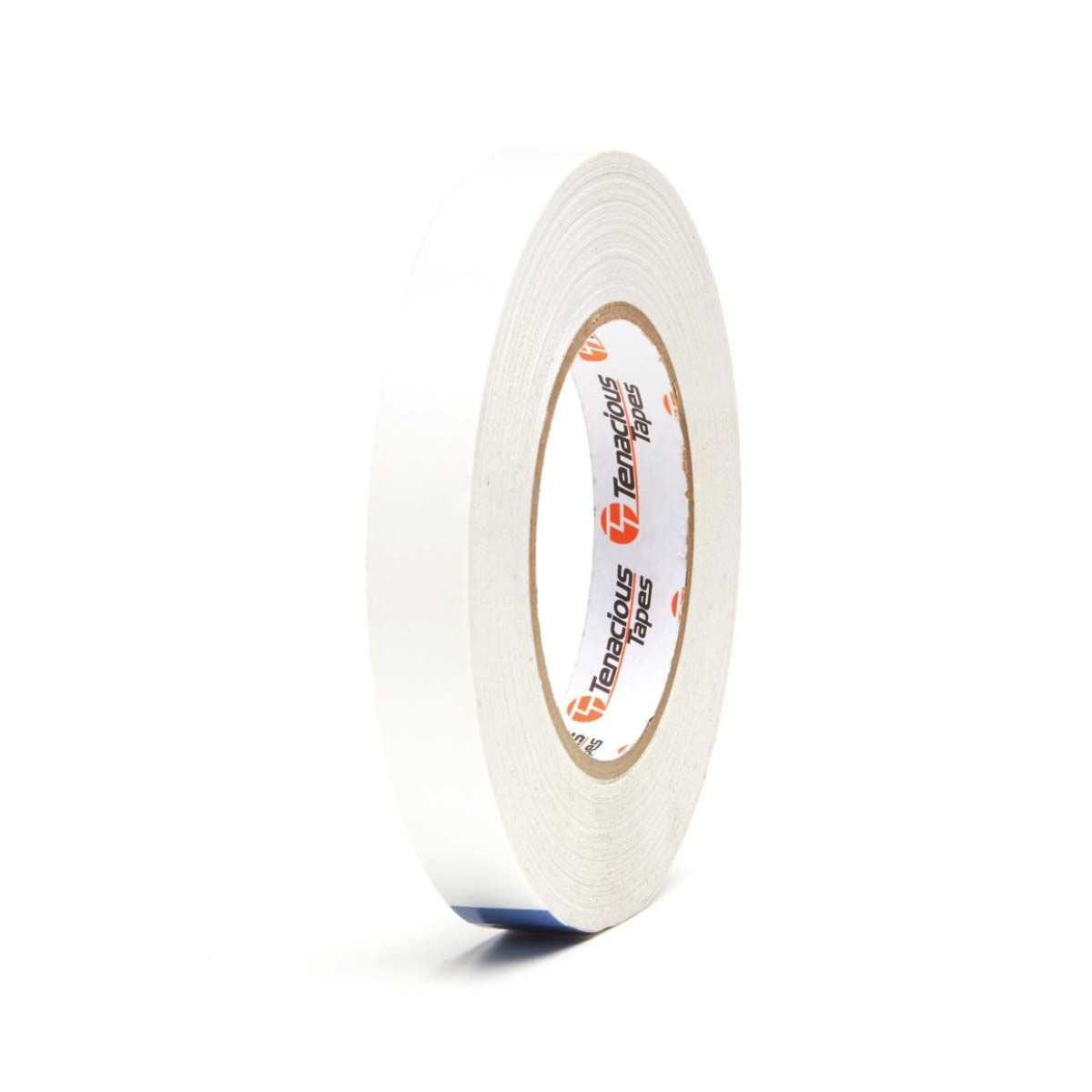 Roll of white tape with a brand label on a white background