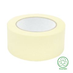 Roll of yellow tape with a green recycling logo on a white background