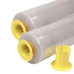 Two rolls of clear plastic wrap with yellow ends on a white background