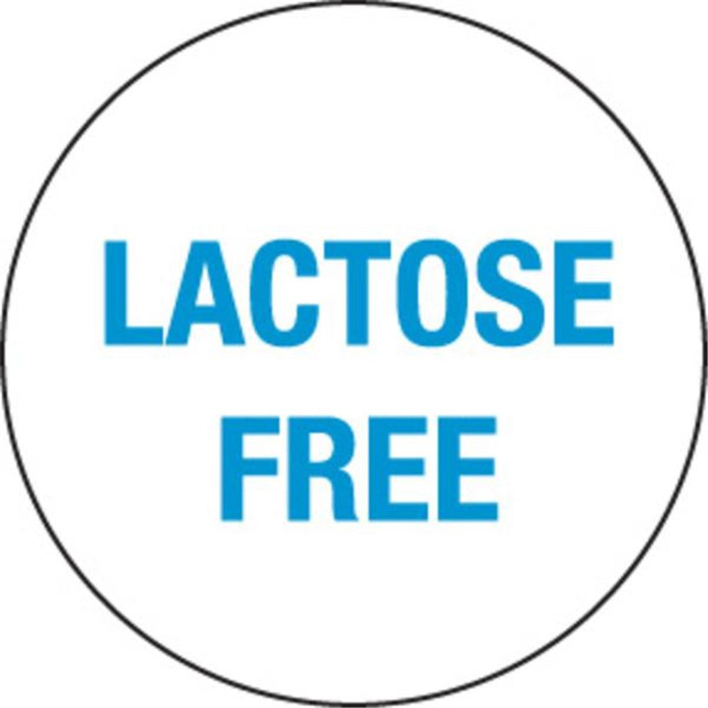 Circular label with 'LACTOSE FREE' text in blue on a white background