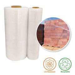 Two rolls of white plastic wrap with a close-up inset showing a brick wall, UV resistant and recyclable logos below.