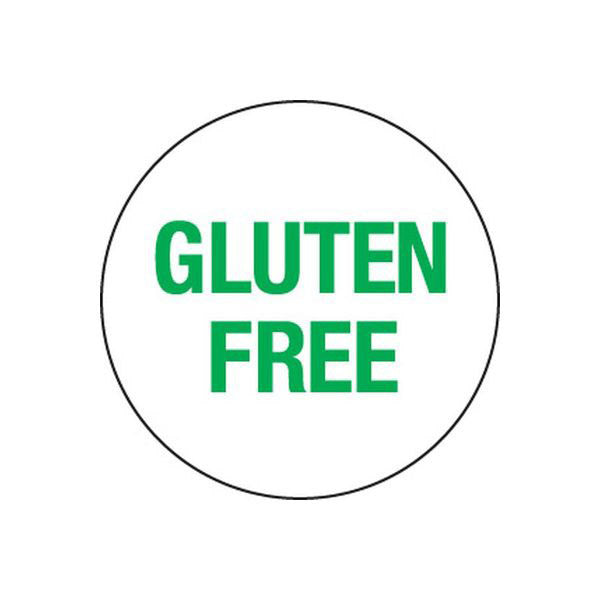 Round gluten-free label with green text on a white background