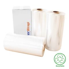 Two rolls of shrink wrap with a brand label and a recycling icon on a white background