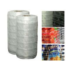 Two rolls of clear plastic wrap with images of tomatoes and a colorful package below.