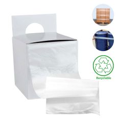White paper bag with a handle, shown with close-up images of a wooden surface, blue fabric, and a recycling symbol.