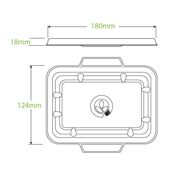 Technical dimension drawing of a Pakio eco-friendly rectangular container lid, showing measurements of 180mm length, 124mm width, and 18mm height.