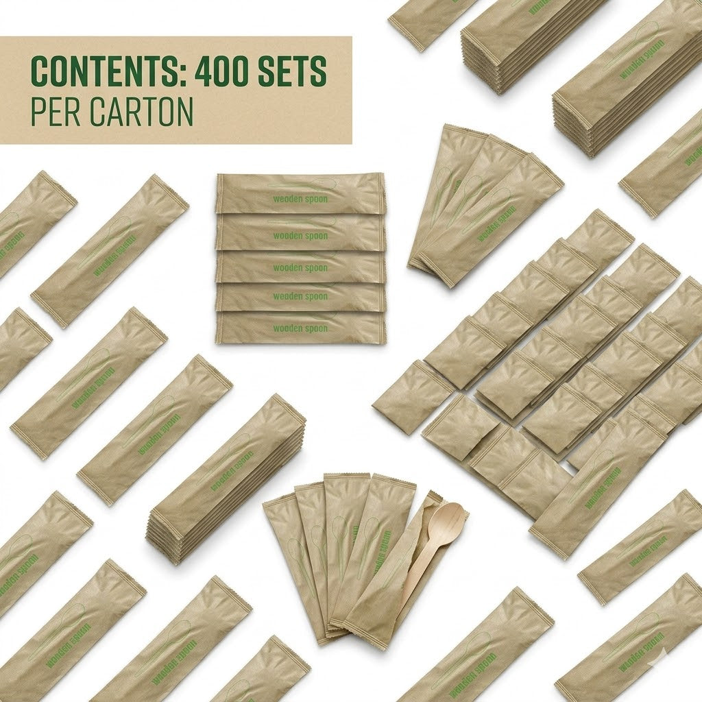 Multiple brown packages with green text on a white background, indicating 400 sets per carton.