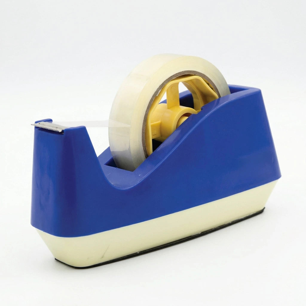 Blue and beige tape dispenser with a roll of tape on a white background