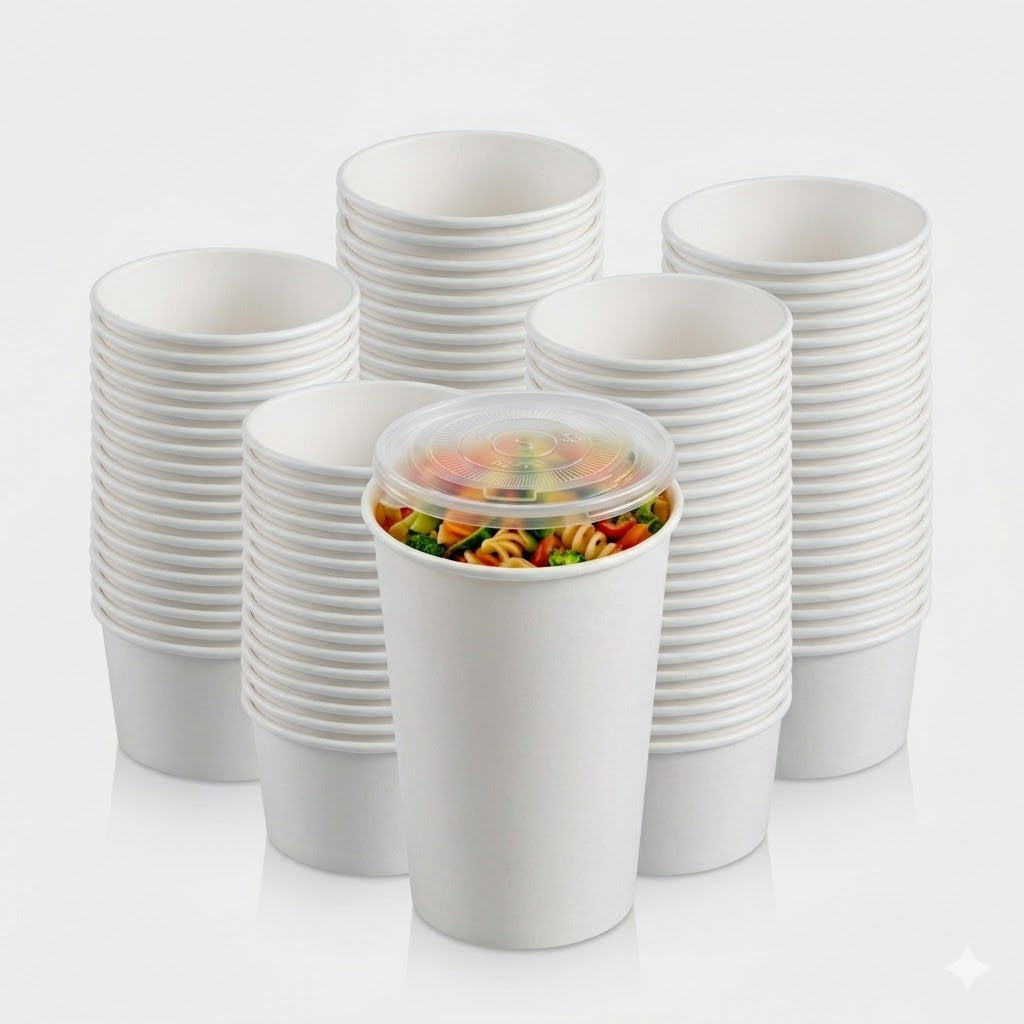 Stacks of white paper cups with a single cup containing colorful food on a white background