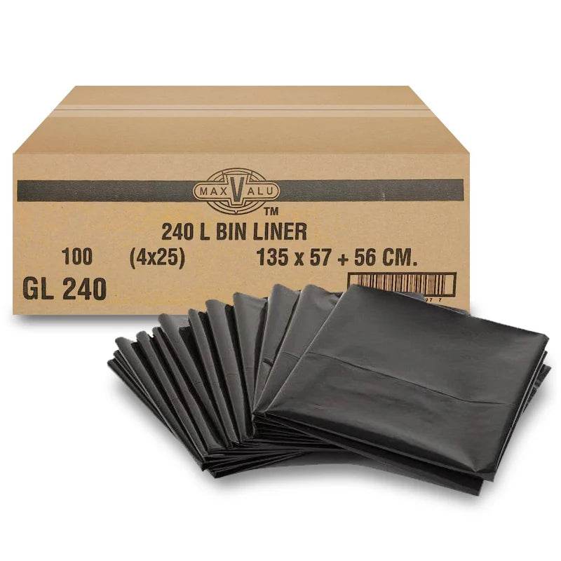 Heavy Duty 240L Black Bin Liners - 100 Bags - Pakio