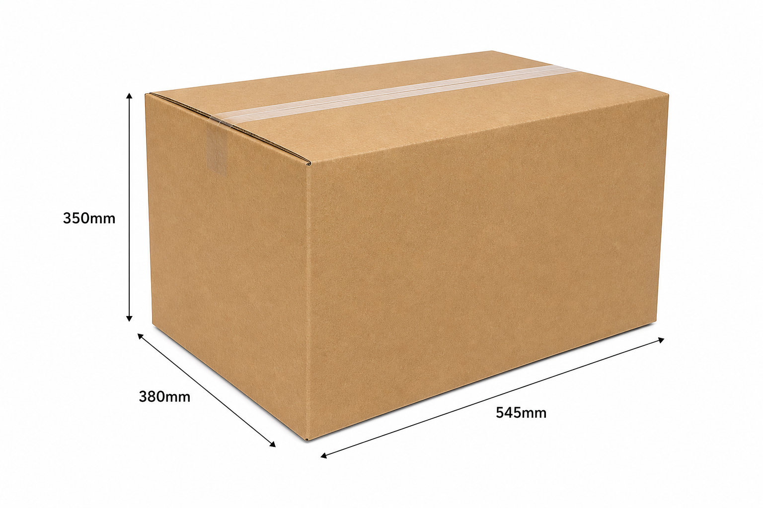 Cardboard box with dimensions marked on a white background