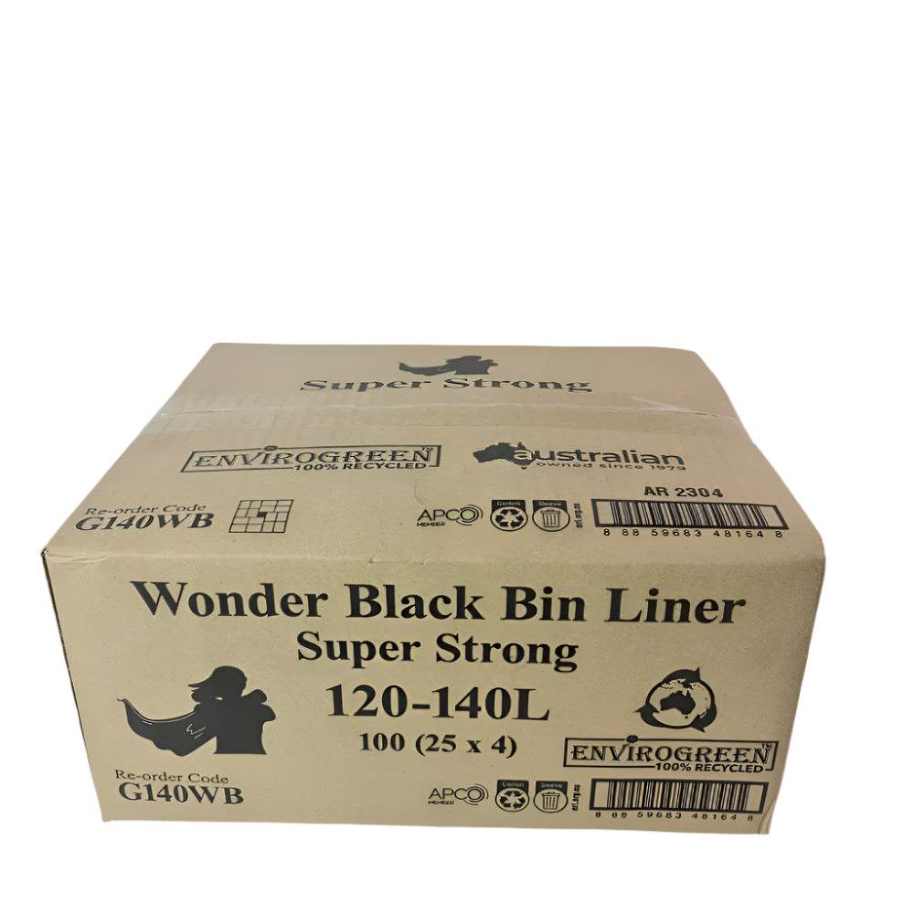 Super Strong 120-140L Black Bin Liner Flat Seal - 100 Bags - Pakio