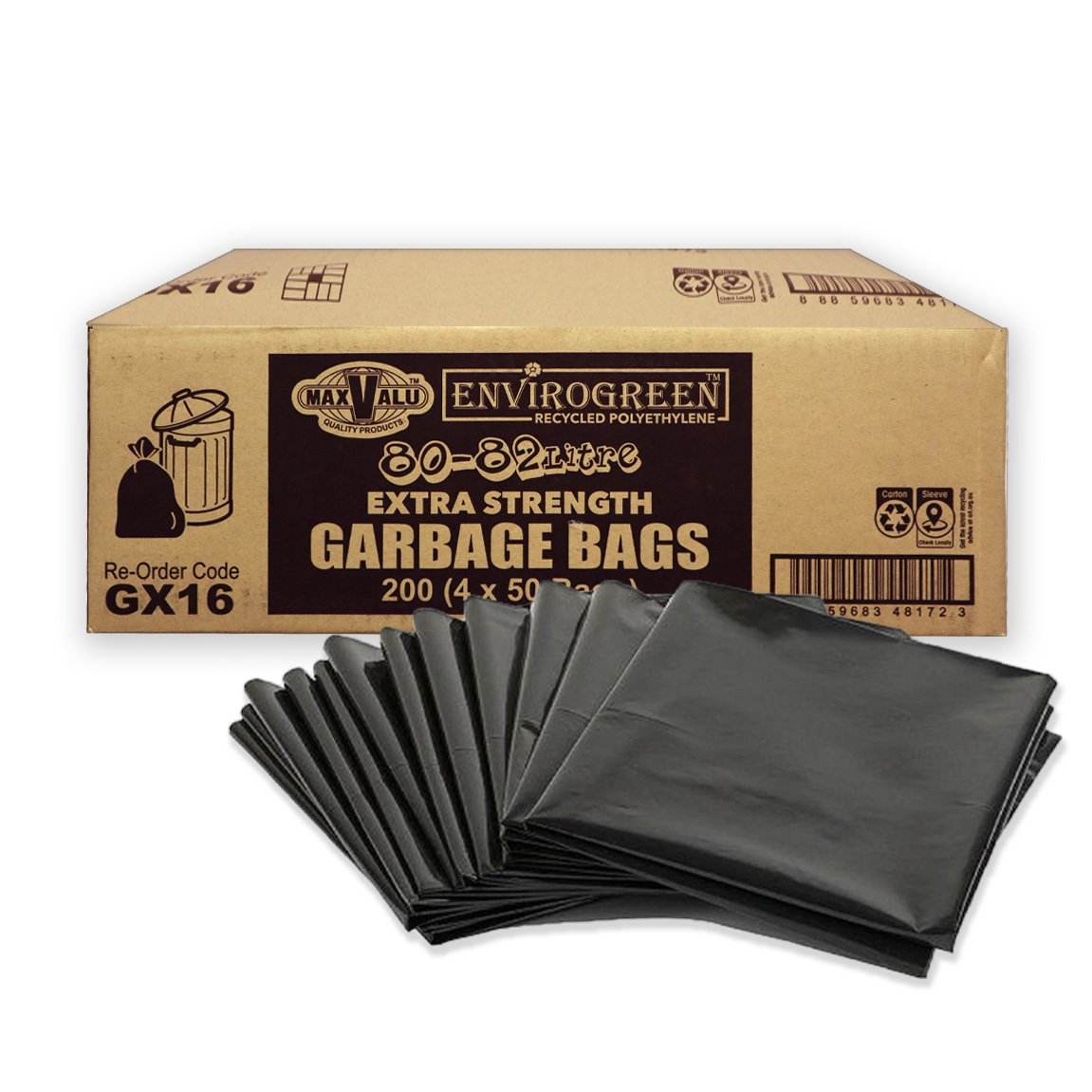 Heavy Duty 80L Black Recycled Garbage Bags - 200 Bags - Pakio