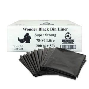 Super Strong 78-80L Black Bin Liner Flat Seal - 200 Bags - Pakio