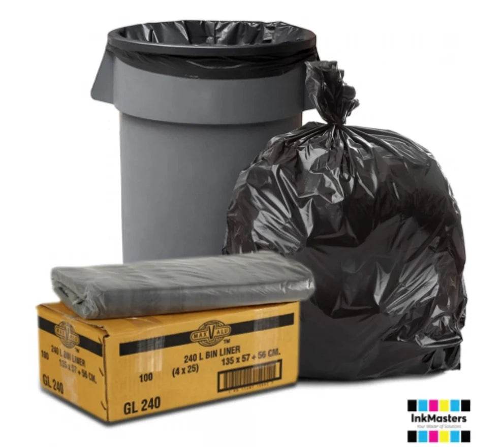 Heavy Duty 240L Black Bin Liners - 100 Bags - Pakio