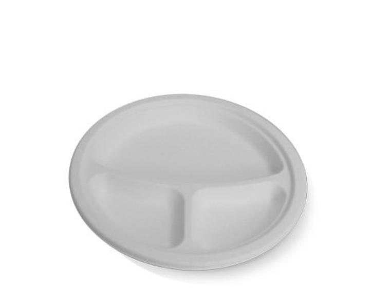 9 inch / 3 compartment Round Sugarcane Plate 500pc/ctn