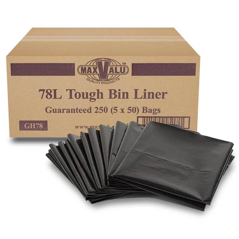 78L Premium All-Purpose Bin Liners Black - 250 Bags - Pakio