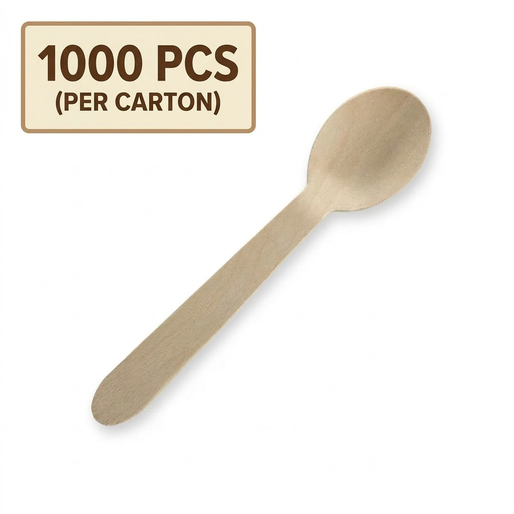 Wooden spoon with a label indicating 1000 pieces per carton on a white background