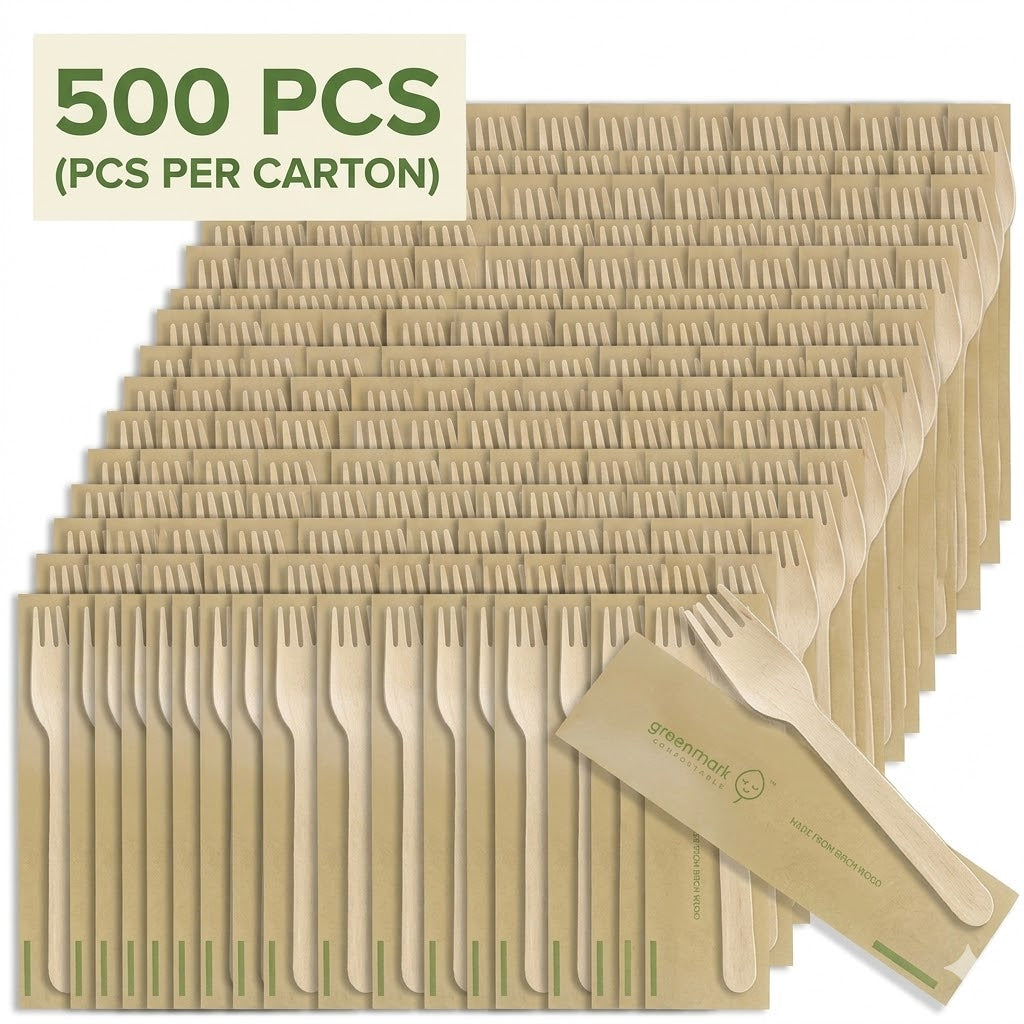 Multiple packages of disposable wooden forks with a carton labeled '500 PCS'.