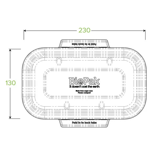 Technical dimension drawing of a BioPak sugarcane rectangular container lid, showing measurements of 230mm length and 130mm width with "Fold in to lock tabs" feature.