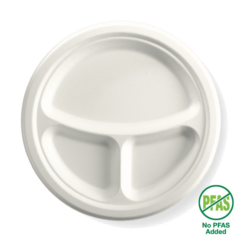 BioPak 25cm (10") White 3 Compartment Round Plate 500pc