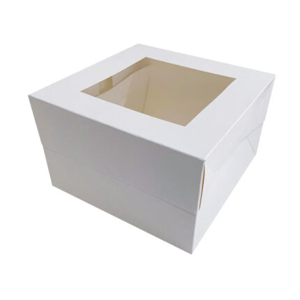 White cake box with a clear window on a white background
