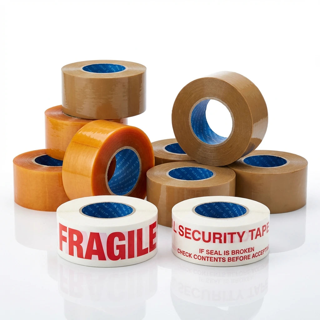 Pakio packaging tape collection featuring heavy-duty brown rolls, red 'FRAGILE' printed tape, and 'SECURITY TAPE' for safe hamper shipping.