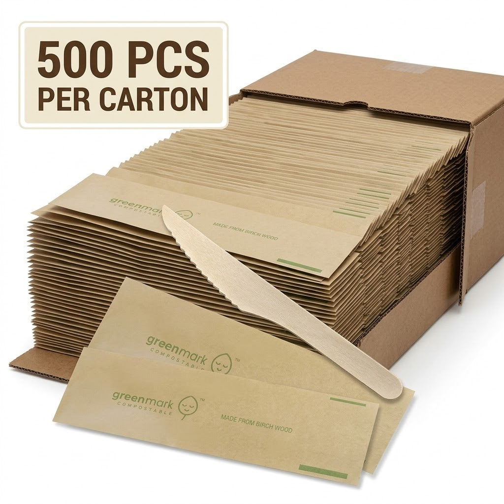 Stack of brown paper bags with a knife, labeled '500 PCS PER CARTON' and 'greenmark'.