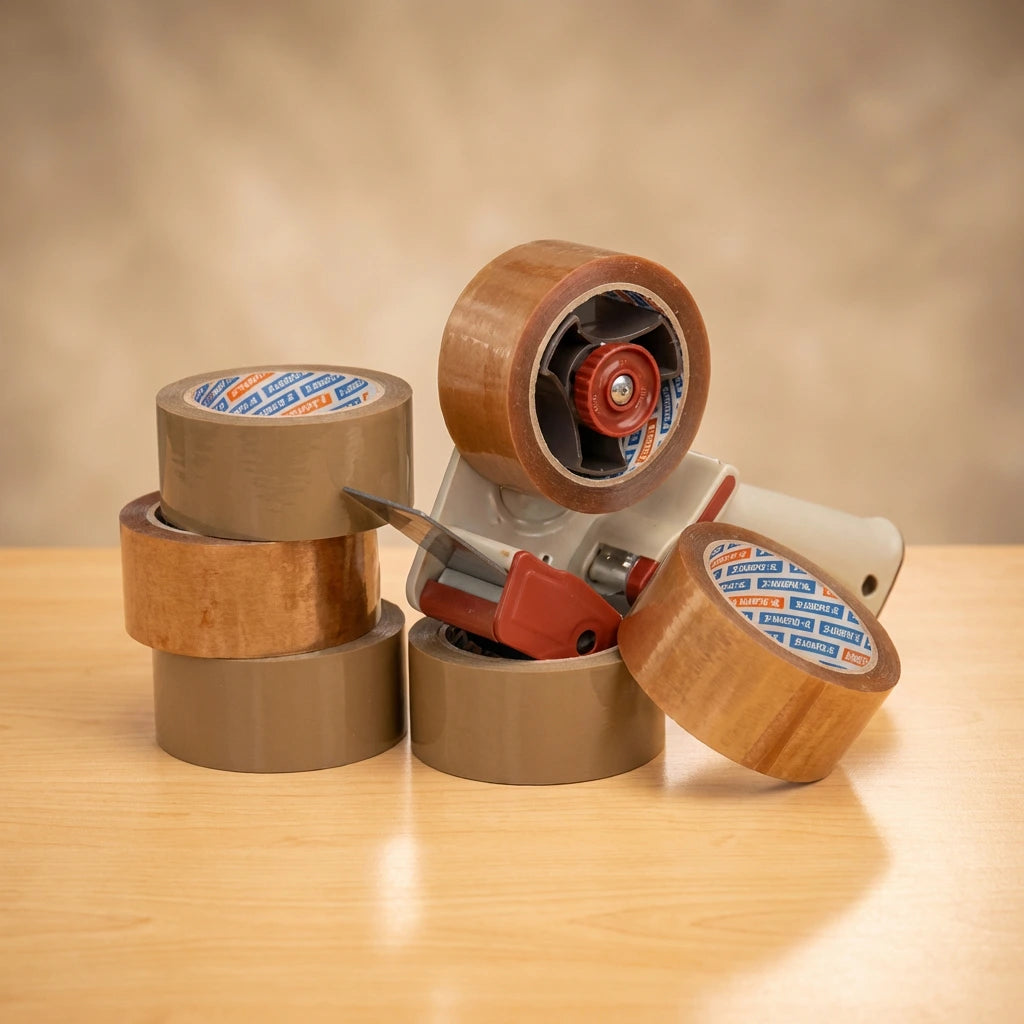 Pakio durable brown packaging tape rolls stacked with a professional handheld tape dispenser for efficient hamper box sealing.