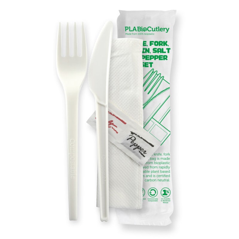 BioPak 16.5cm (6.5") PLA Knife, Fork, Napkin, Salt & Pepper Set White 250pc