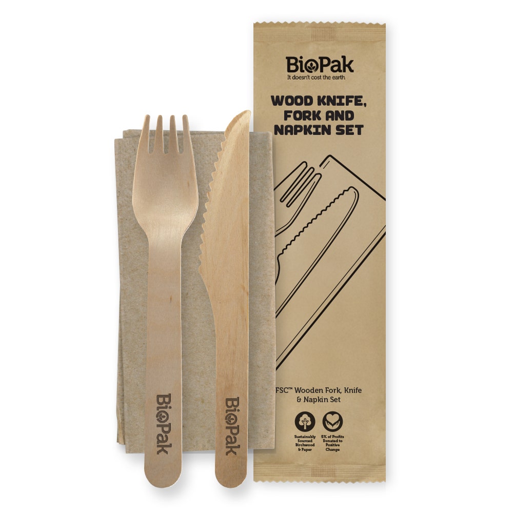BioPak 16cm Wood Knife, Fork & Napkin Set 400pc